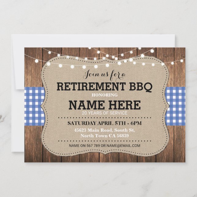 Retirement Invite BBQ Retired Party Blue Gingham (Front)