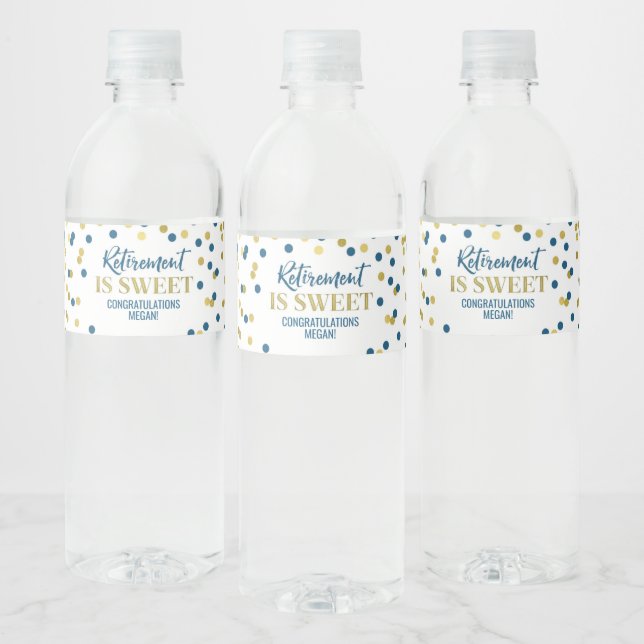 Retirement is sweet Blue Gold Confetti Water Bottle Label (Bottles)