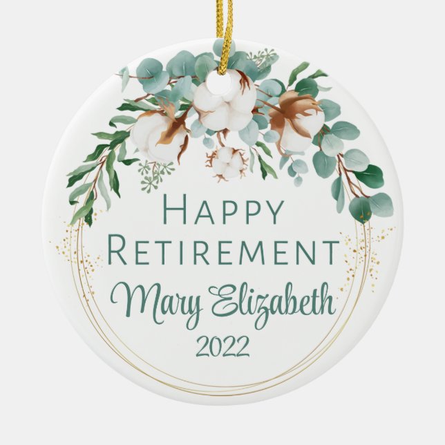 Retirement Keepsake Ornament, Cotton & Eucalyptus Ceramic Tree Decoration (Front)
