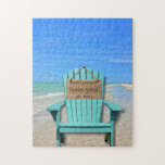 Retirement looks good on me! Sanibel Island Beach Jigsaw Puzzle<br><div class="desc">The design on this beautiful jigsaw puzzle features a Sanibel Island Florida beach with its calm turquoise ocean and a turquoise colored beach chair in the sand with a wooden sign that reads "Retirement looks good on me!" The jigsaw puzzle is a great gift for Florida retirees, or anyone who...</div>