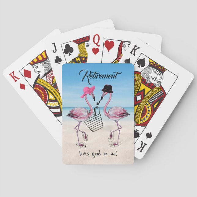 Retirement looks good on us! Flamingo on Beach Playing Cards (Back)
