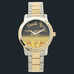 Retirement Manager black gold thank you Watch<br><div class="desc">Elegant,  classic,  glamourous and feminine. A gift for a retired Manager.  A faux gold coloured bow. Black background. With the text: Thank You,  templates for a name and occupation,  profession.</div>