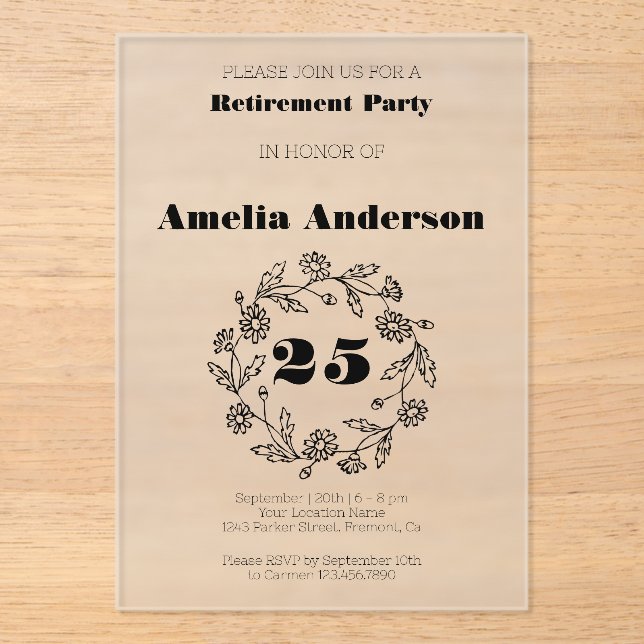 Retirement modern flower black acrylic invitations (Front)