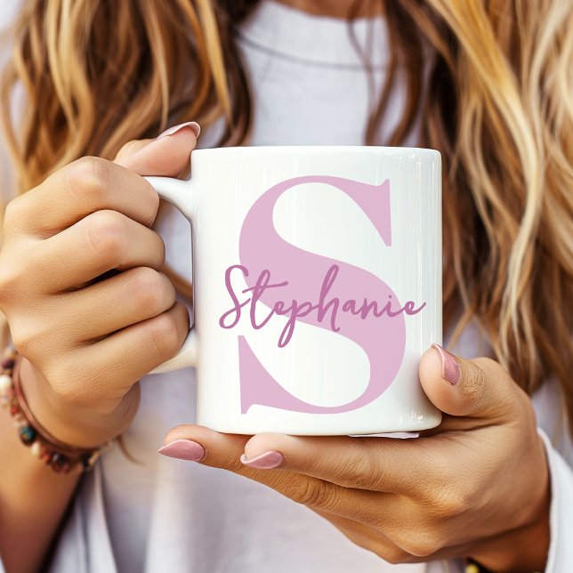 Retirement | Modern Pink Monogram Initial Coworker Coffee Mug (Minimalist Blue Typographic Mug | Office Gift for Coworker | Bridesmaid Proposal Name Mug)