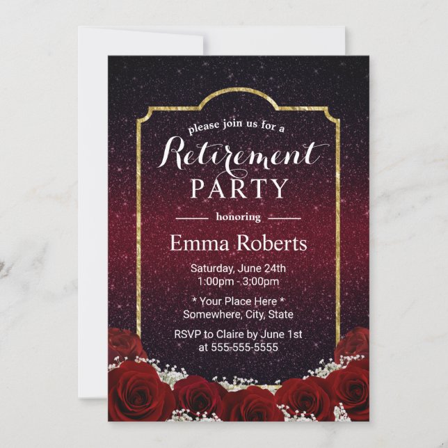 Retirement Modern Rose Floral Burgundy Red Glitter Invitation (Front)