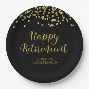 Retirement Modern Script Gold Confetti Name Paper Plate