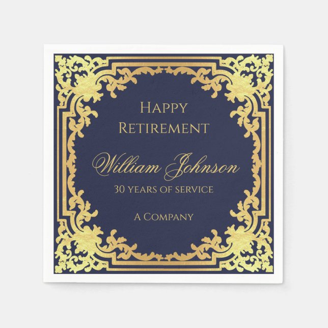 Retirement Navy Blue Elegant Script Faux Gold Foil Napkin (Front)