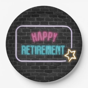 Retirement Neon Sign On Brick Wall Paper Plate