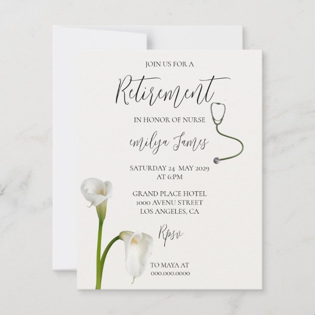 Retirement Nurse Invitation | Elegant White Calla  (Front)
