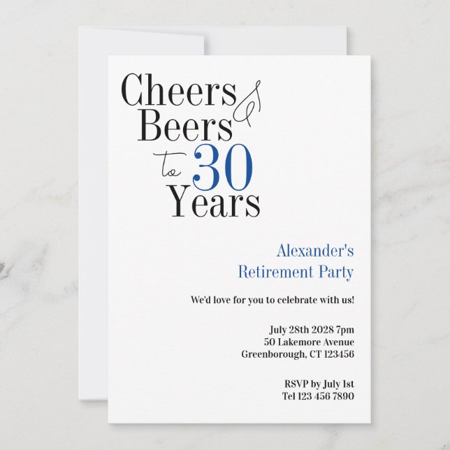 Retirement Party 30 Years Cheers and Beers Blue Invitation (Front)