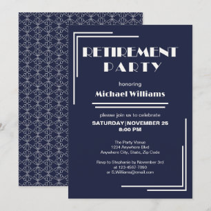 Retirement Party Art Deco Retro Bleu White  Invitation