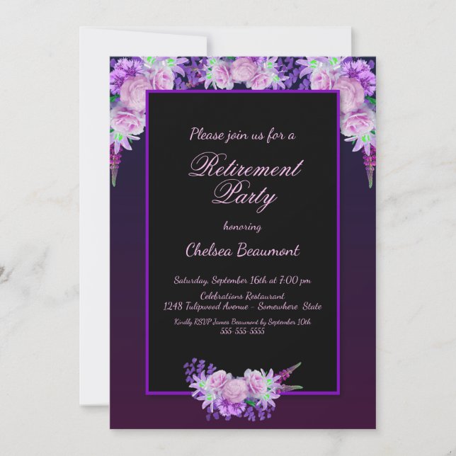 Retirement Party Black and Purple Floral Invitation (Front)