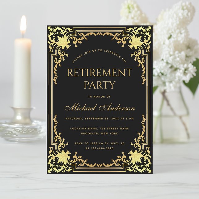 Retirement Party Black Elegant Faux Gold Vintage Invitation (Creator Uploaded)