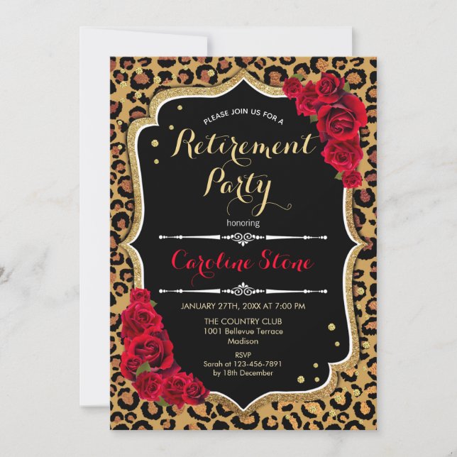 Retirement Party - Black Red Gold Leopard Print Invitation (Front)