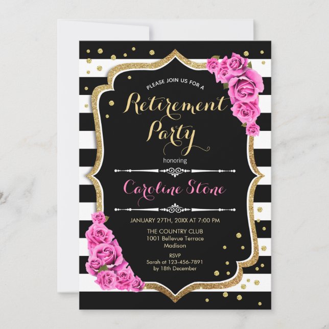 Retirement Party - Black White Stripes Pink Roses Invitation (Front)