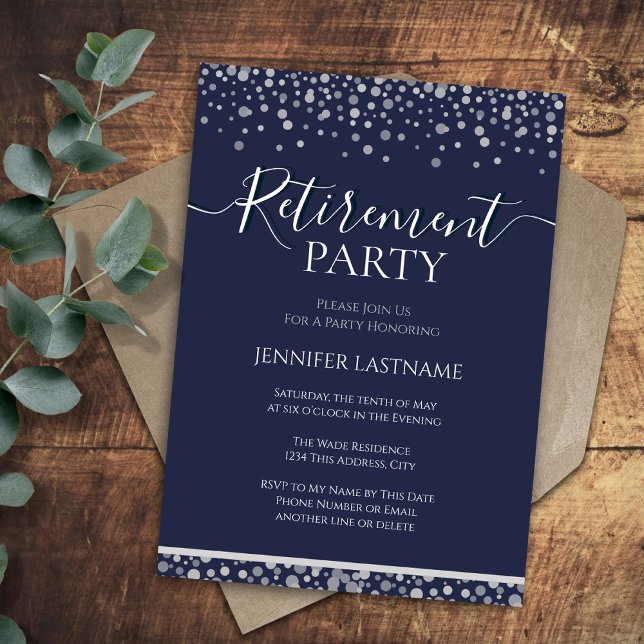 Retirement Party Blue and Silver Confetti  Invitation (Creator Uploaded)