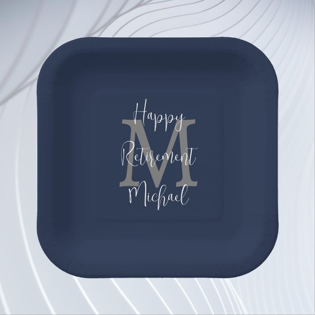 Retirement Party Blue White Grey Name Monogram Paper Plate (Creator Uploaded)