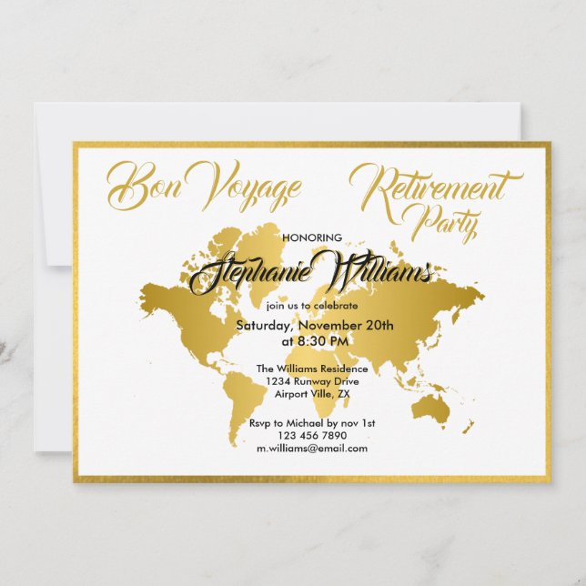 Retirement Party Bon Voyage Golden Border Worldmap Invitation (Front)