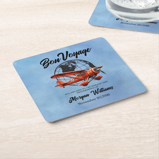 Retirement Party Bon Voyage Travel Globe Plane  Square Paper Coaster (Angled)