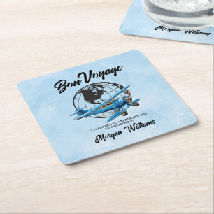 Retirement Party Bon Voyage Travel Globe Plane  Square Paper Coaster