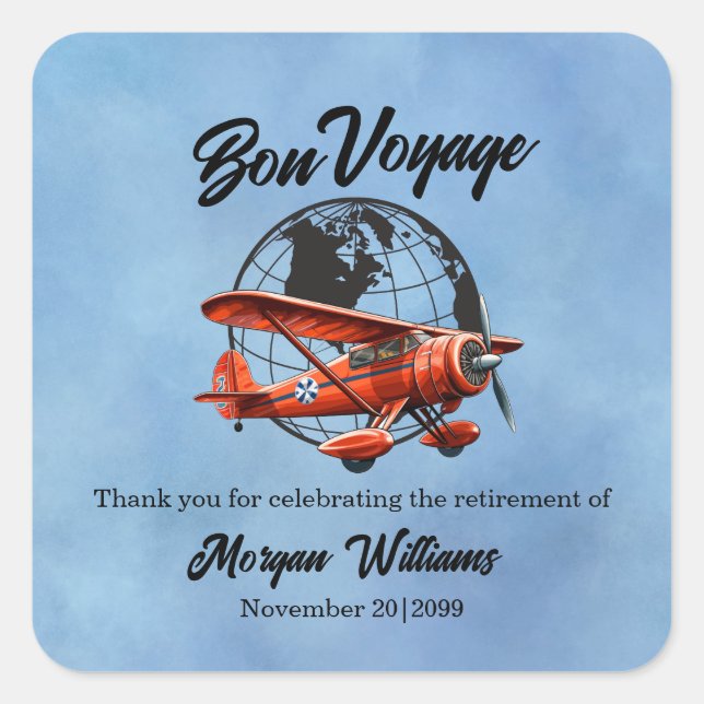 Retirement Party Bon Voyage Travel Globe Plane  Square Sticker (Front)