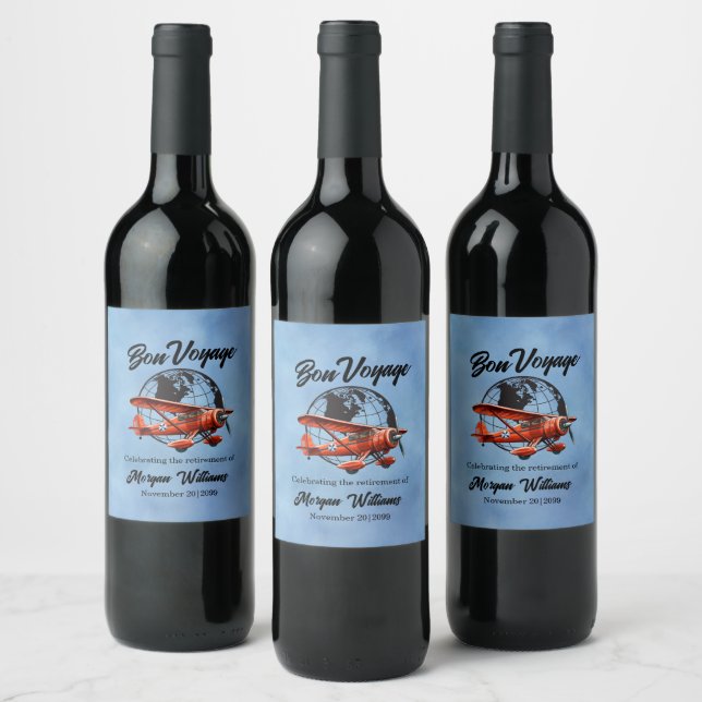 Retirement Party Bon Voyage Travel Globe Plane  Wine Label (Bottles)
