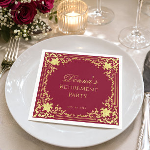 Retirement Party Burgundy Faux Gold Elegant Script Napkin