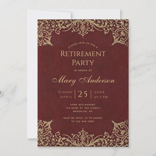 Retirement Party Burgundy Gold Vintage Elegant  Invitation (Front)