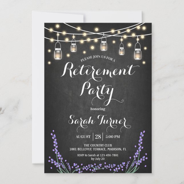 Retirement Party - Chalkboard Lavender, Lights Invitation (Front)
