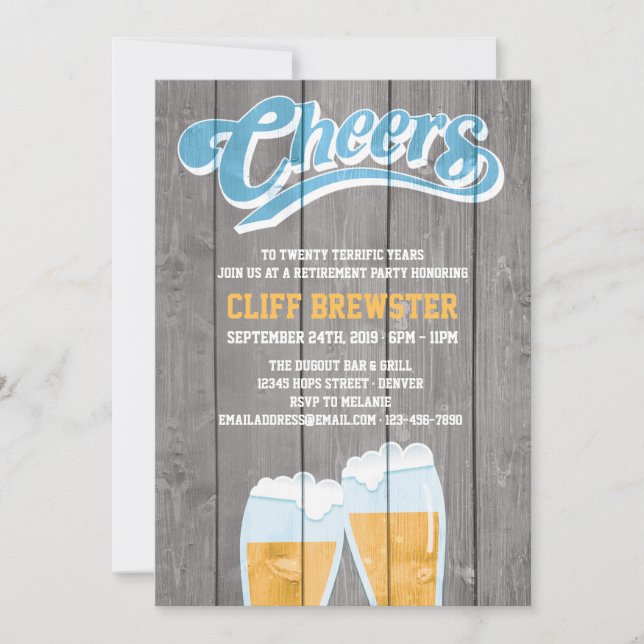 Retirement Party Cheers and Beers with Wood Invitation (Front)