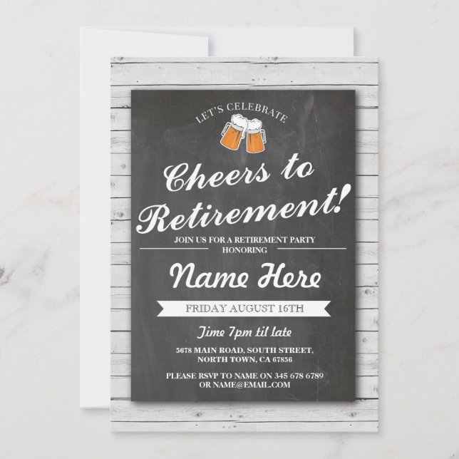 Retirement Party Cheers Beers Gray Wood Invitation (Front)