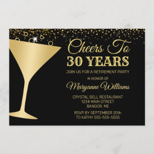 Retirement Party Cheers Champagne Glass Gold Black Invitation