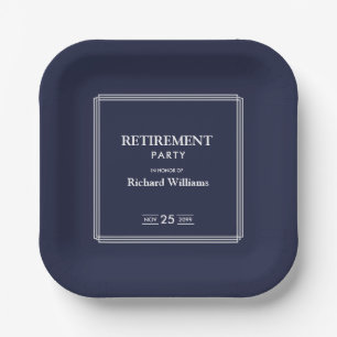 Retirement Party Classic Blue White Border Paper Plate