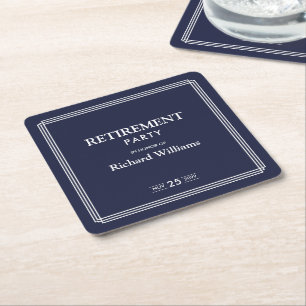 Retirement Party Classic Blue White Border Square Paper Coaster