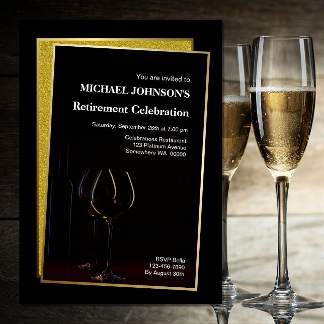 Retirement Party Classy Black Gold Glitter Invitation (Creator Uploaded)