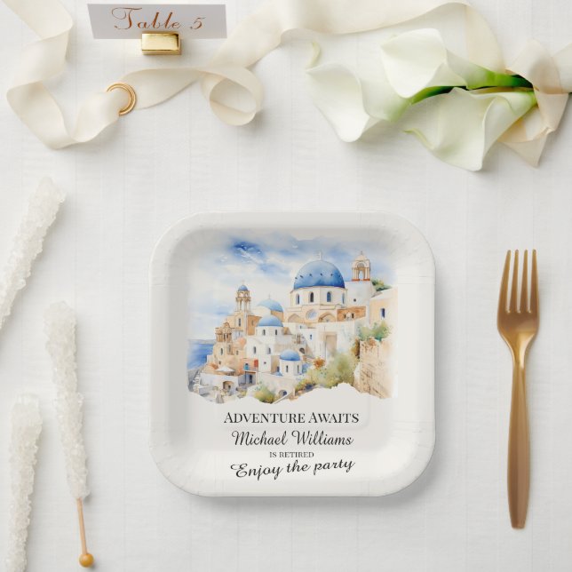 Retirement Party Colourful Greece Village Hill Paper Plate (Wedding)