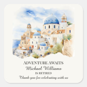 Retirement Party Colourful Greece Village Hill Square Sticker