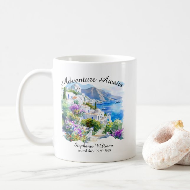 Retirement Party Colourful Greece Village Ocean Coffee Mug (With Donut)