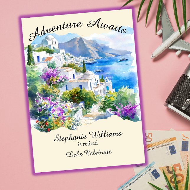Retirement Party Colourful Greece Village Ocean Invitation (Creator Uploaded)