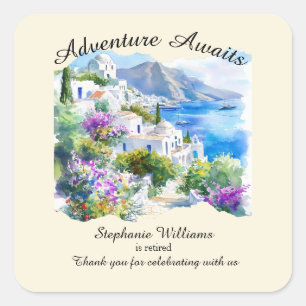 Retirement Party Colourful Greece Village Ocean Square Sticker