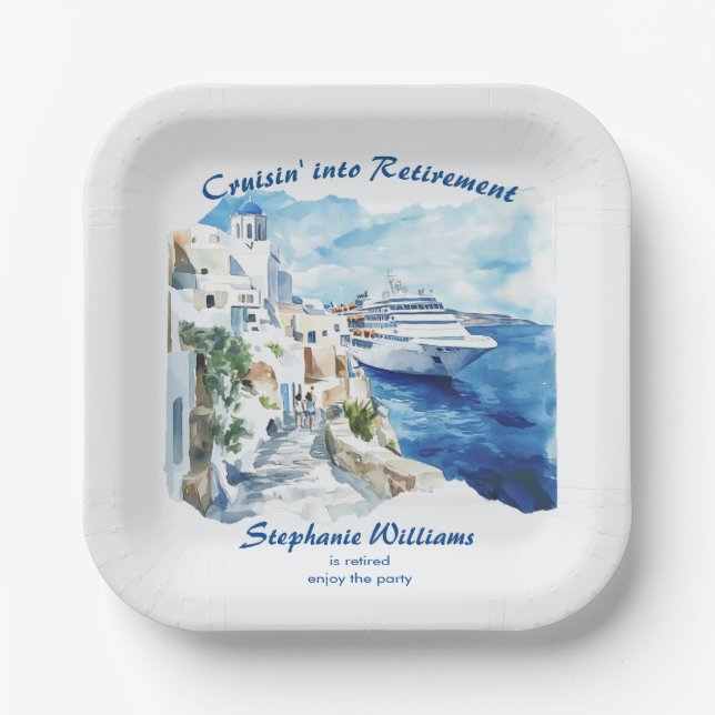 Retirement Party Cruising Destination Greece  Paper Plate (Front)