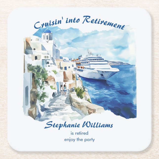 Retirement Party Cruising Destination Greece  Square Paper Coaster (Front)