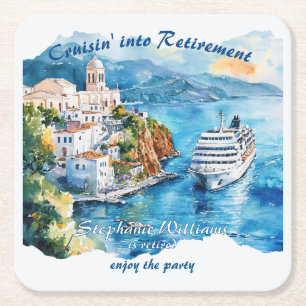 Retirement Party Cruising Destination Greece Square Paper Coaster