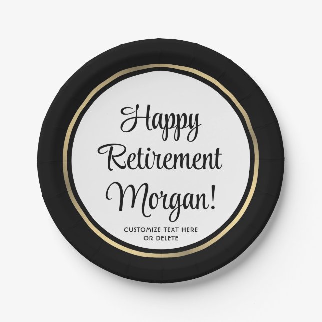 Retirement Party Elegant Black and Gold Bordered Paper Plate (Front)