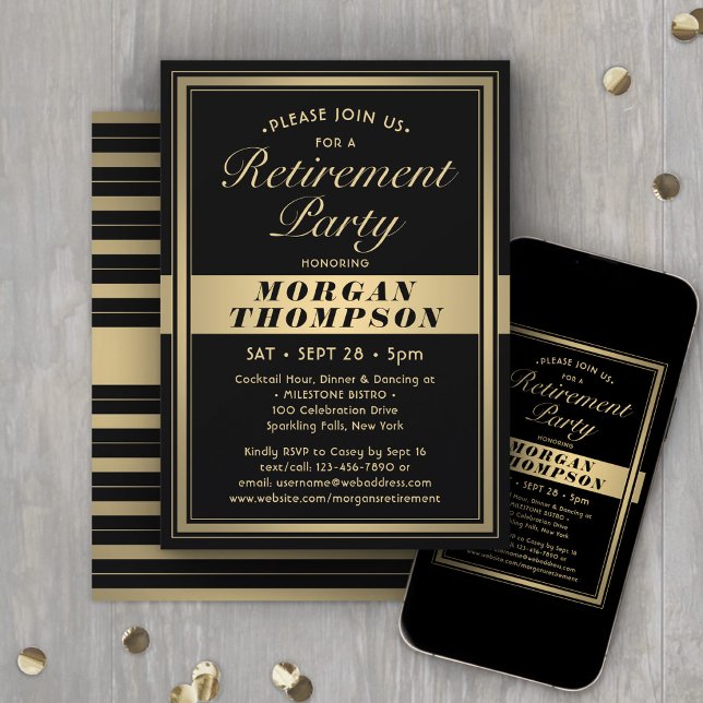 Retirement Party Elegant Black and Gold Script Invitation (Creator Uploaded)