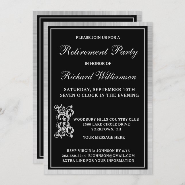 Retirement Party Elegant Black Silver Invitation (Front/Back)