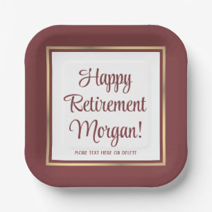 Retirement Party Elegant Burgundy and Gold Square Paper Plate