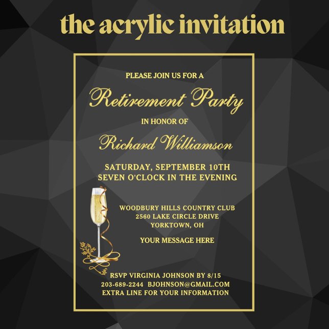 Retirement Party Elegant Gold Acrylic Invitation (Creator Uploaded)