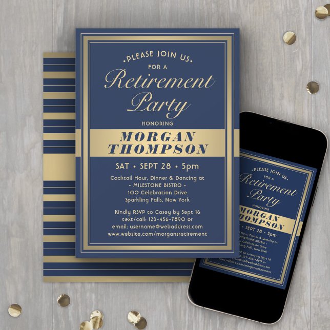 Retirement Party Elegant Navy Blue and Gold Script Invitation (Creator Uploaded)