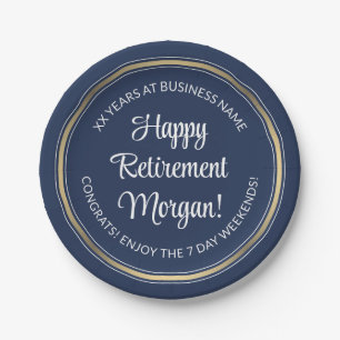 Retirement Party Elegant Navy Blue, White & Gold Paper Plate